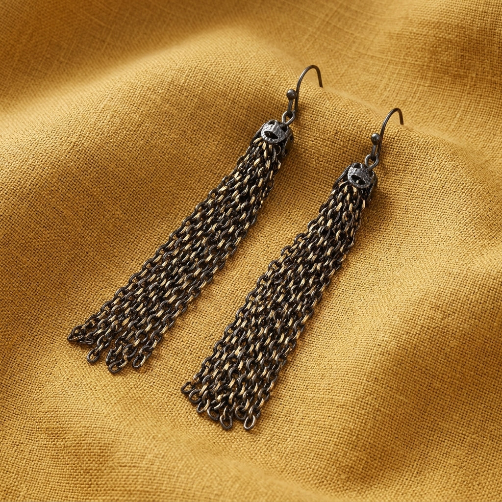 Eclipse Black And Gold Medium Chain Tassel Drop Earrings resting on gold linen