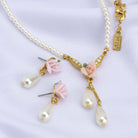 1928 Bridal Porcelain Rose And 3mm Faux Pearl Strand Drop Pendant Necklace 16" + 3" Extender
