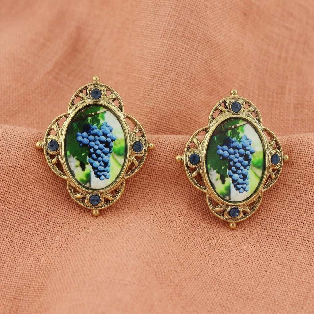 Winery Purple Grapes Decal Post Earrings displayed on a peach fabric background.