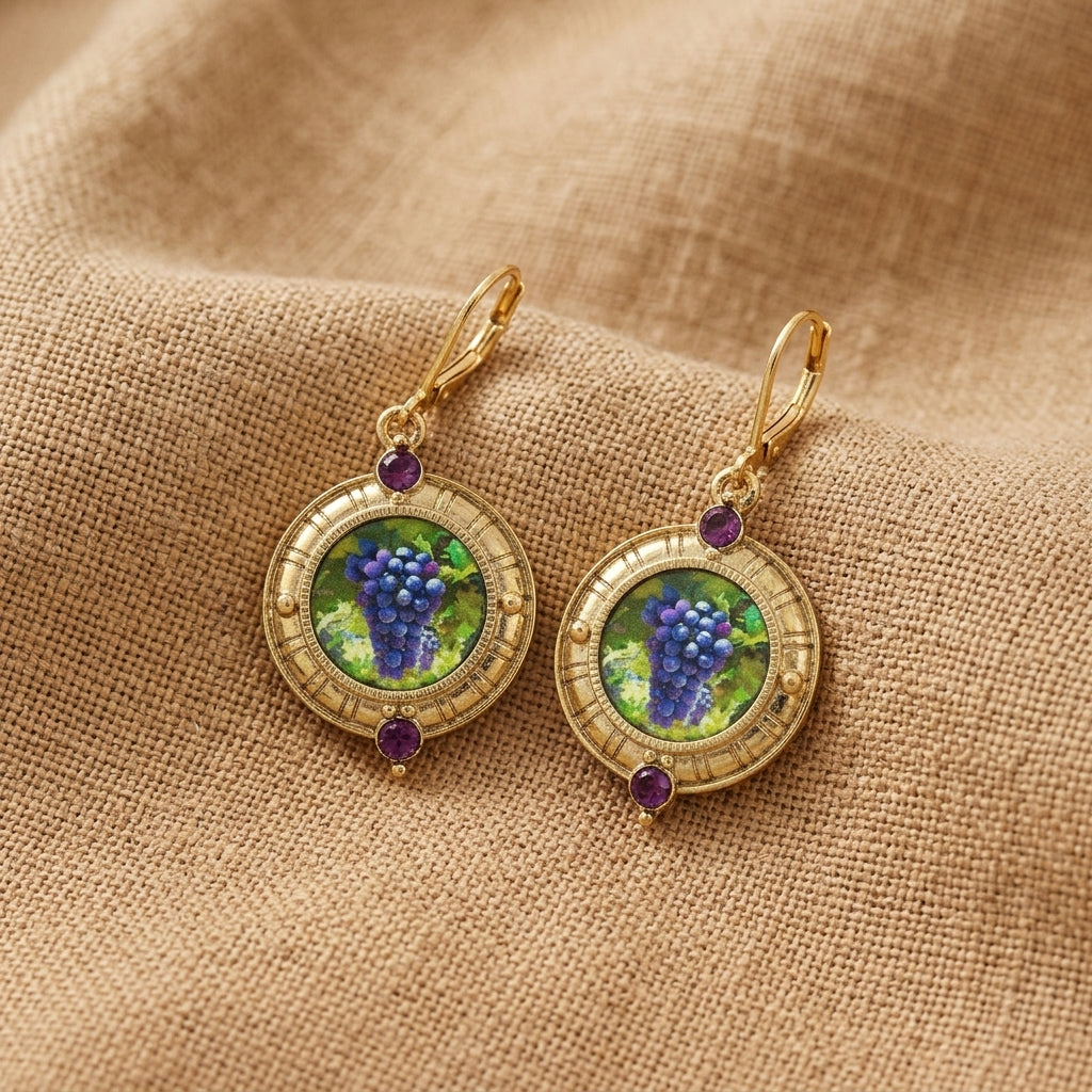 Winery Purple Grapes Amethyst Stone Accent Drop Earrings on tan linen