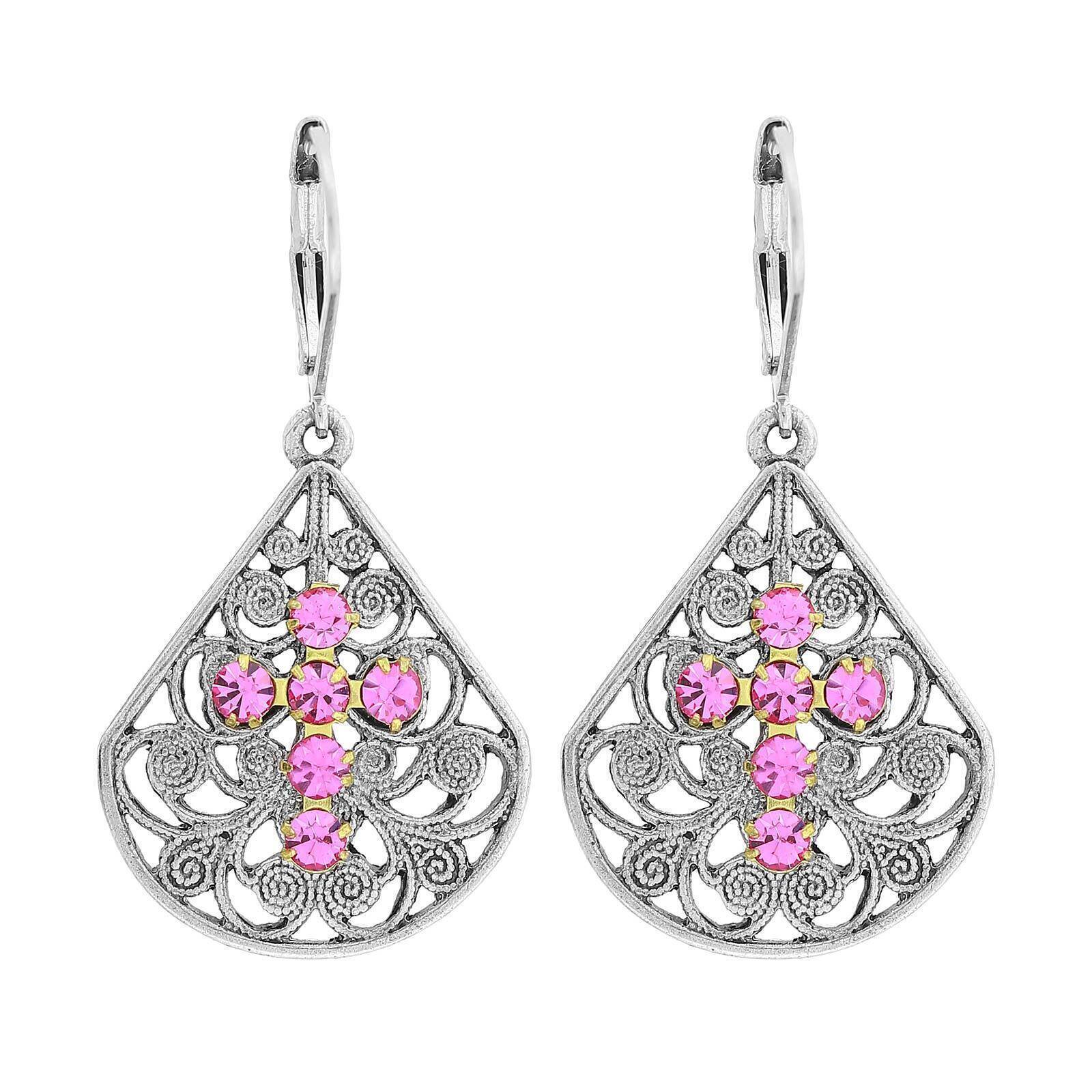 1928 Jewelry Filigree Fan Austrian Crystal Cross Earrings