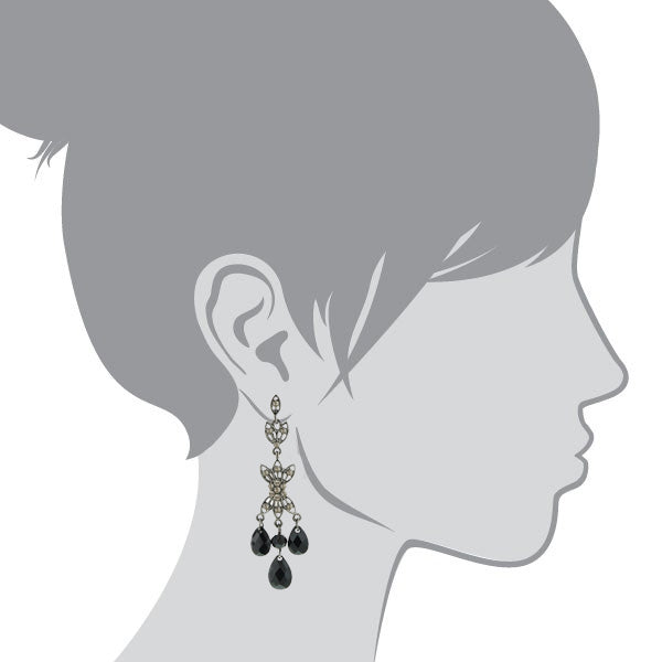 1928 Jewelry Triple Black Diamond Teardrop Crystal Post Dangle Earrings
