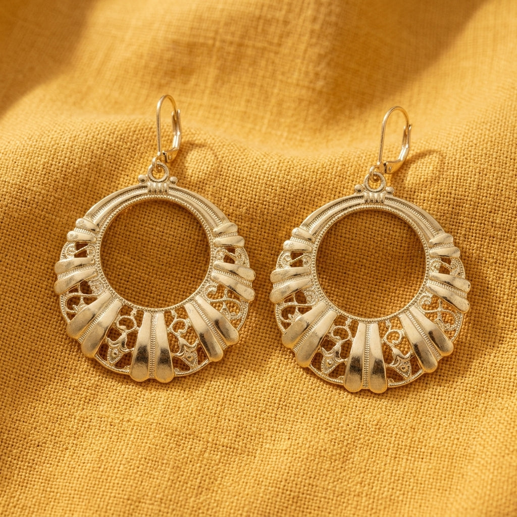 Gold Round Filigree Hoop Earrings on Marigold linen