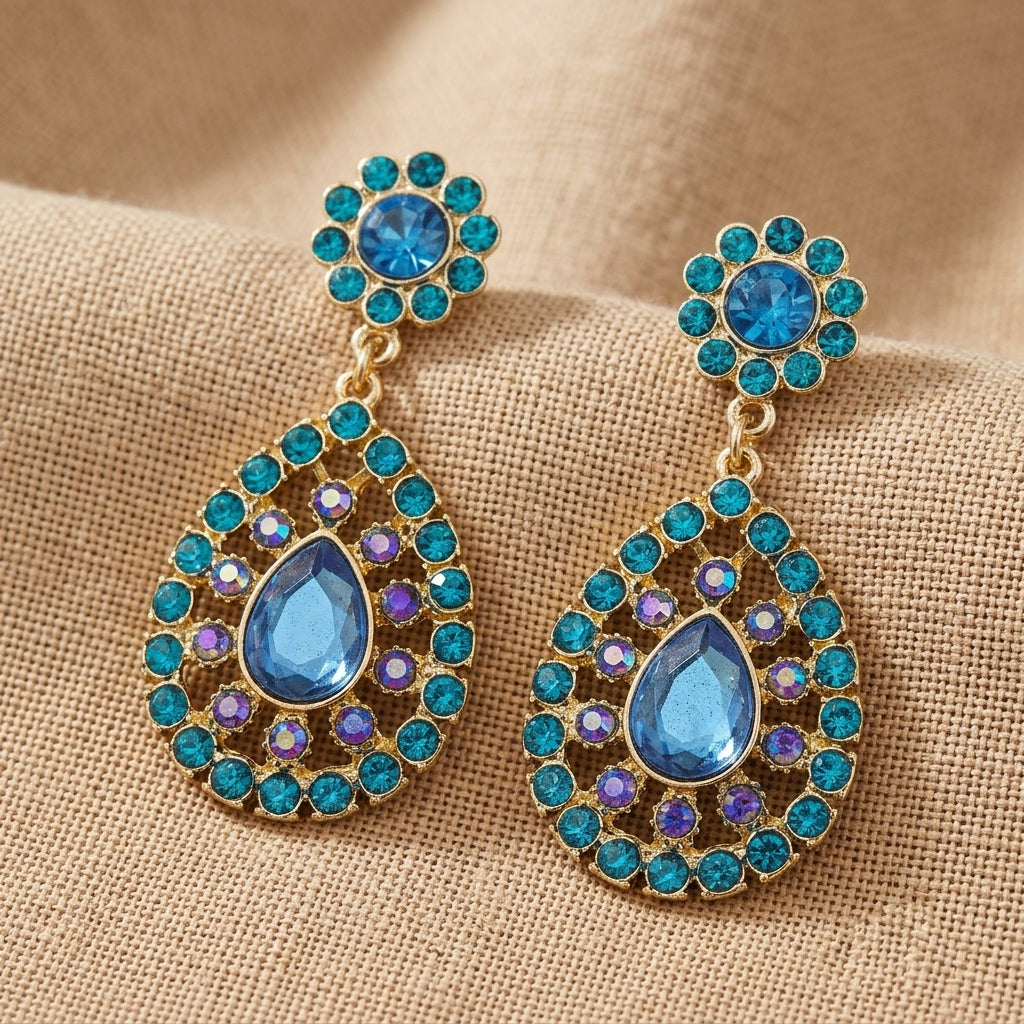 Blue Zircon And Blue Sapphire Ab Crystal Large Teardrop Drop Earrings resting on tan linen