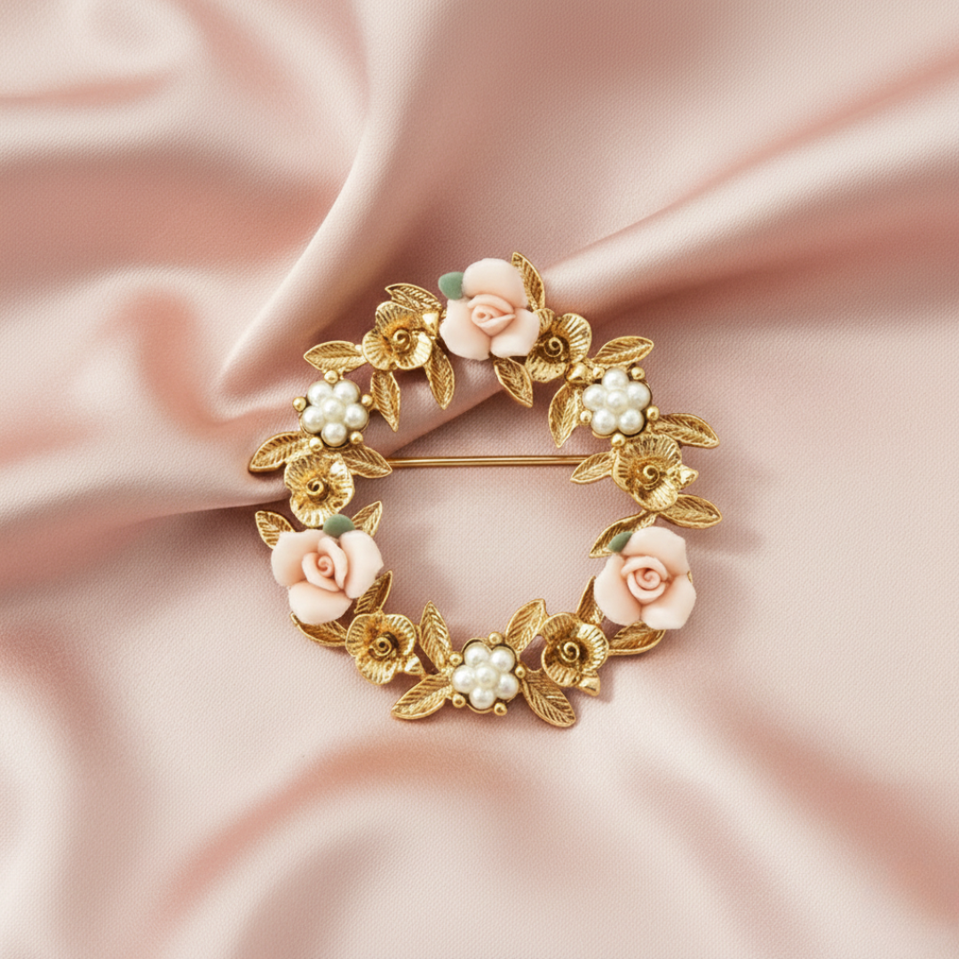 Gold floral brooch with pink flowers on a pink satin background