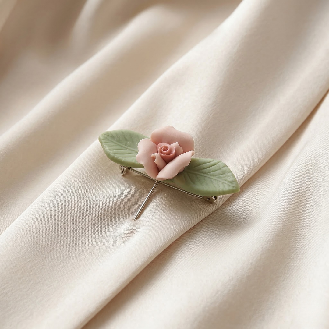 Floral brooch pin on a beige fabric background