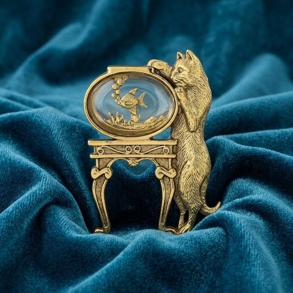 Gold cat and fish bowl brooch on a blue fabric background