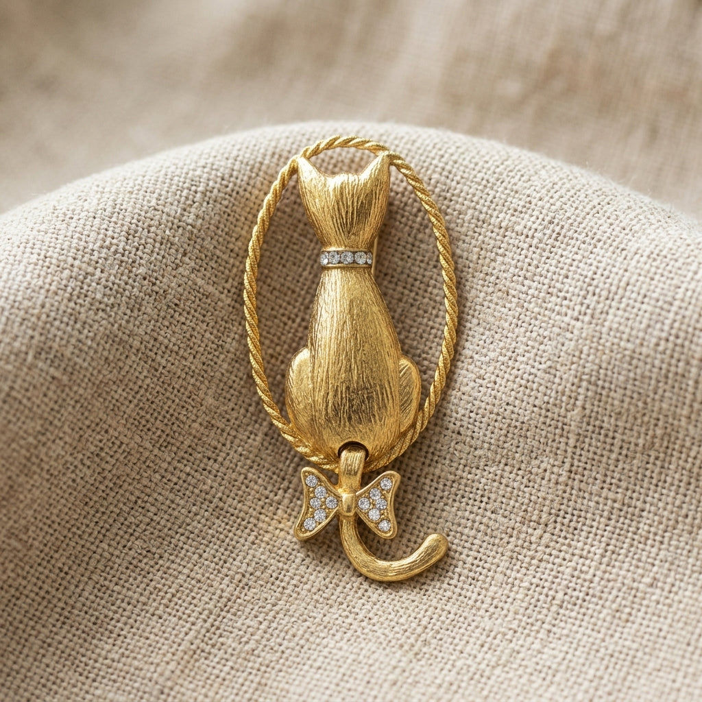 Gold tone Backwards Cat Crystal Pin resting on beige linen