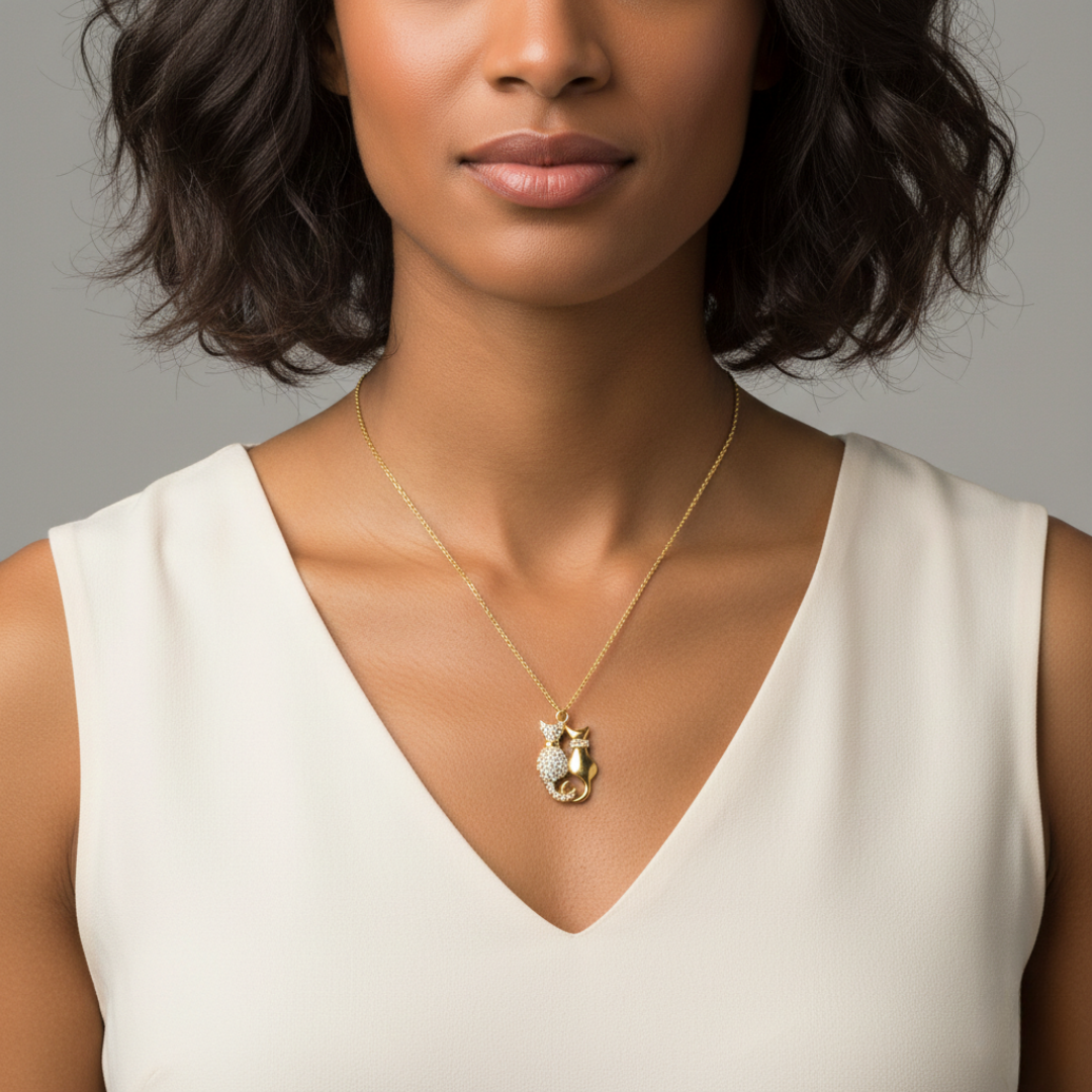 Woman wearing a gold necklace with a pendant against a neutral background
