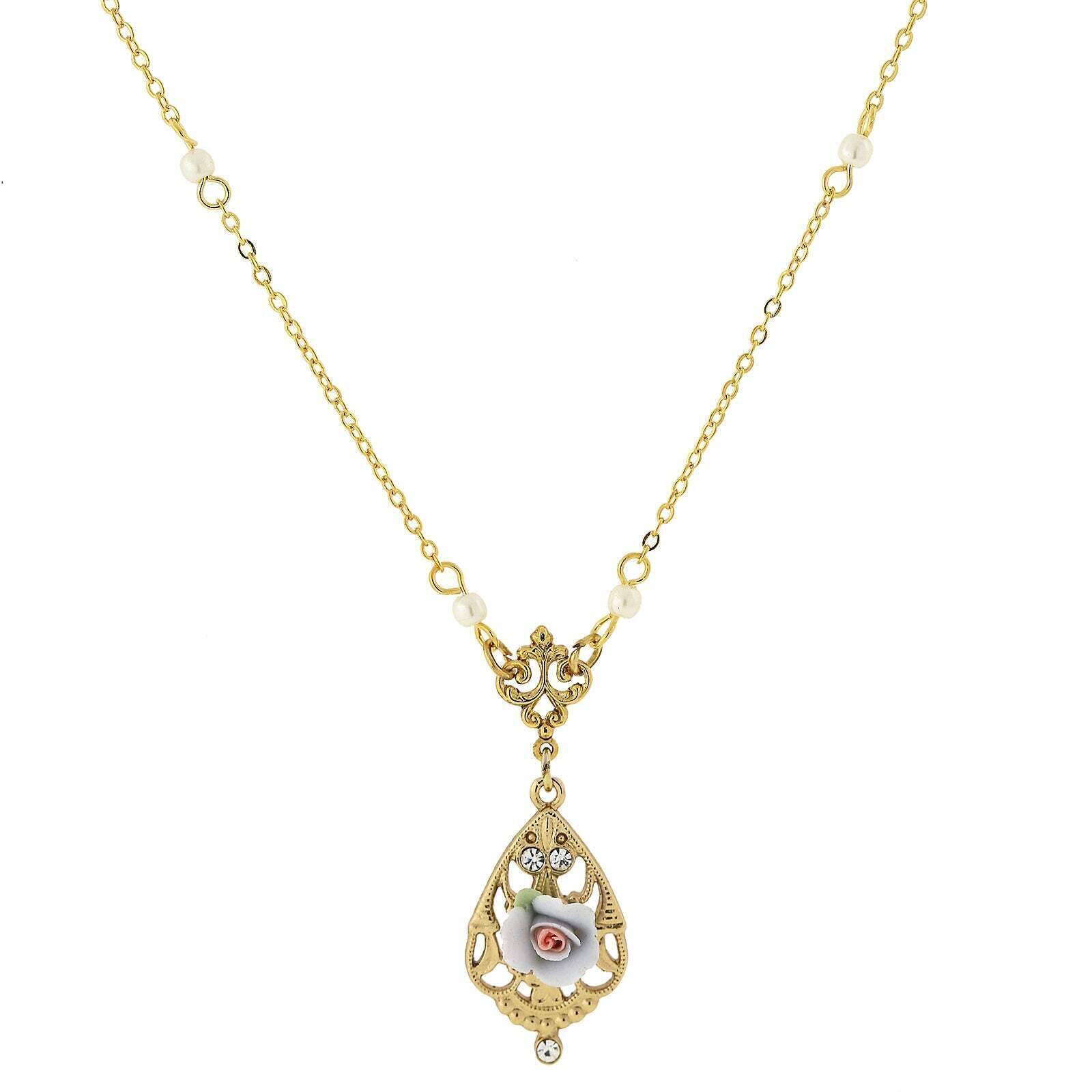 1928 Jewelry Porcelain Rose With Crystal Accent Pendant Necklace 17"
