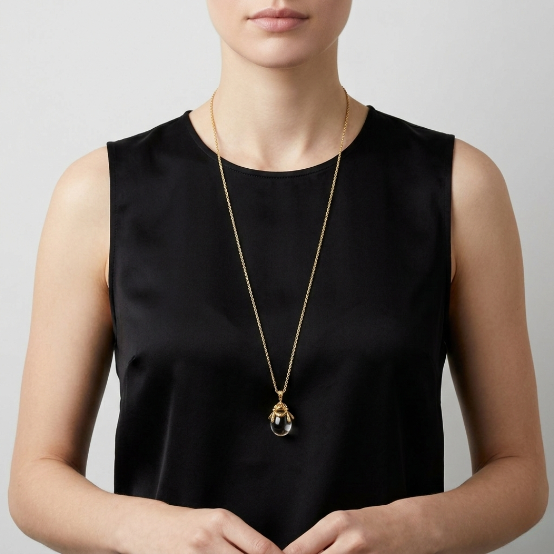 Person wearing a black sleeveless top with a gold necklace and a clear, egg-shaped pendant against a neutral background