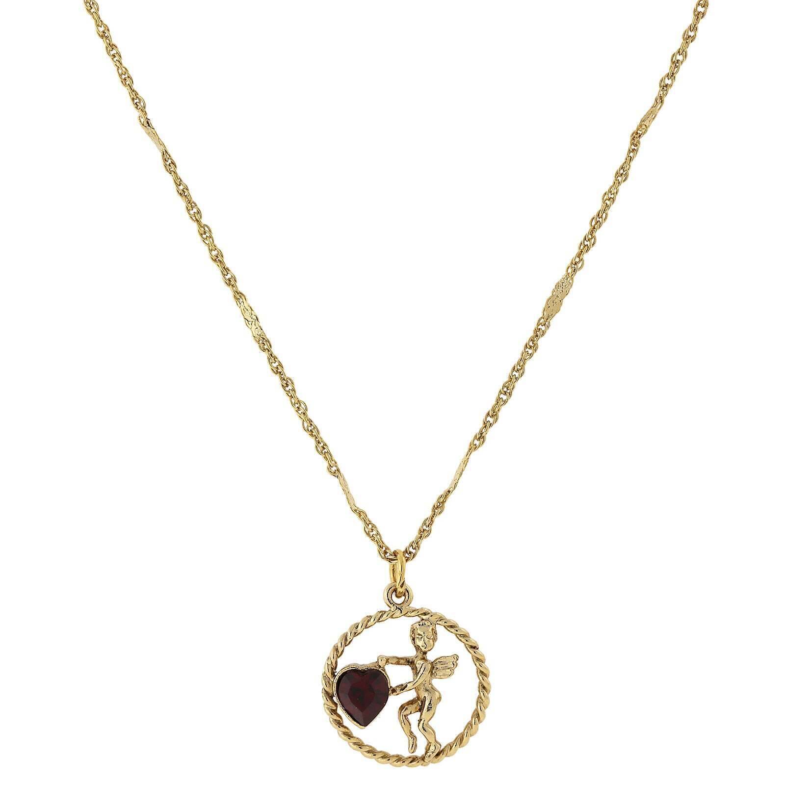 1928 Jewelry Winged Cherub Angel Crystal Heart Pendant Necklace 16" + 3" Extender