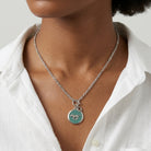 Close up of a woman wearing a Turquoise Color Enamel Horse Pendant Toggle Necklace