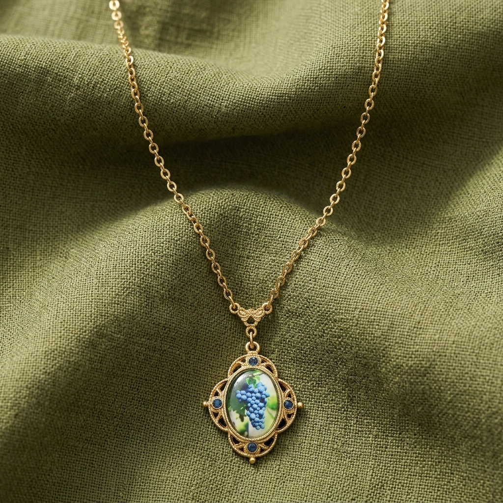 A gold chain necklace with an oval pendant featuring a wine grapevine decal, displayed on draped olive green fabric.