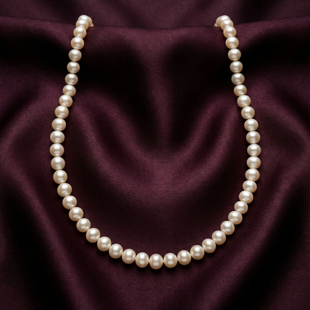 Pearl necklace on a purple fabric background