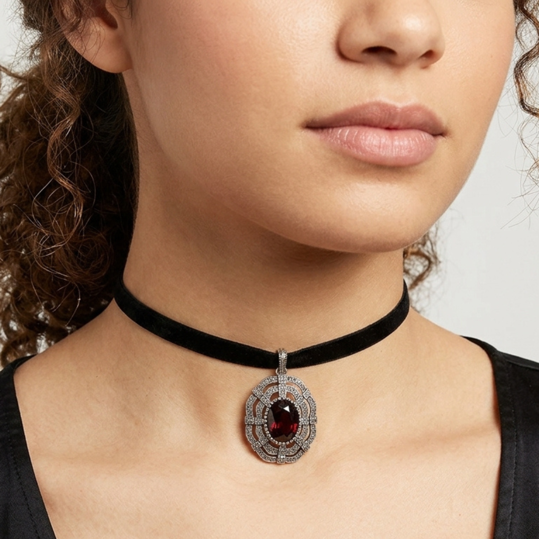 A close-up of a model wearing a black velvet choker necklace with a silver-toned pendant featuring a central deep Amethyst gemstone surrounded by small clear stones.