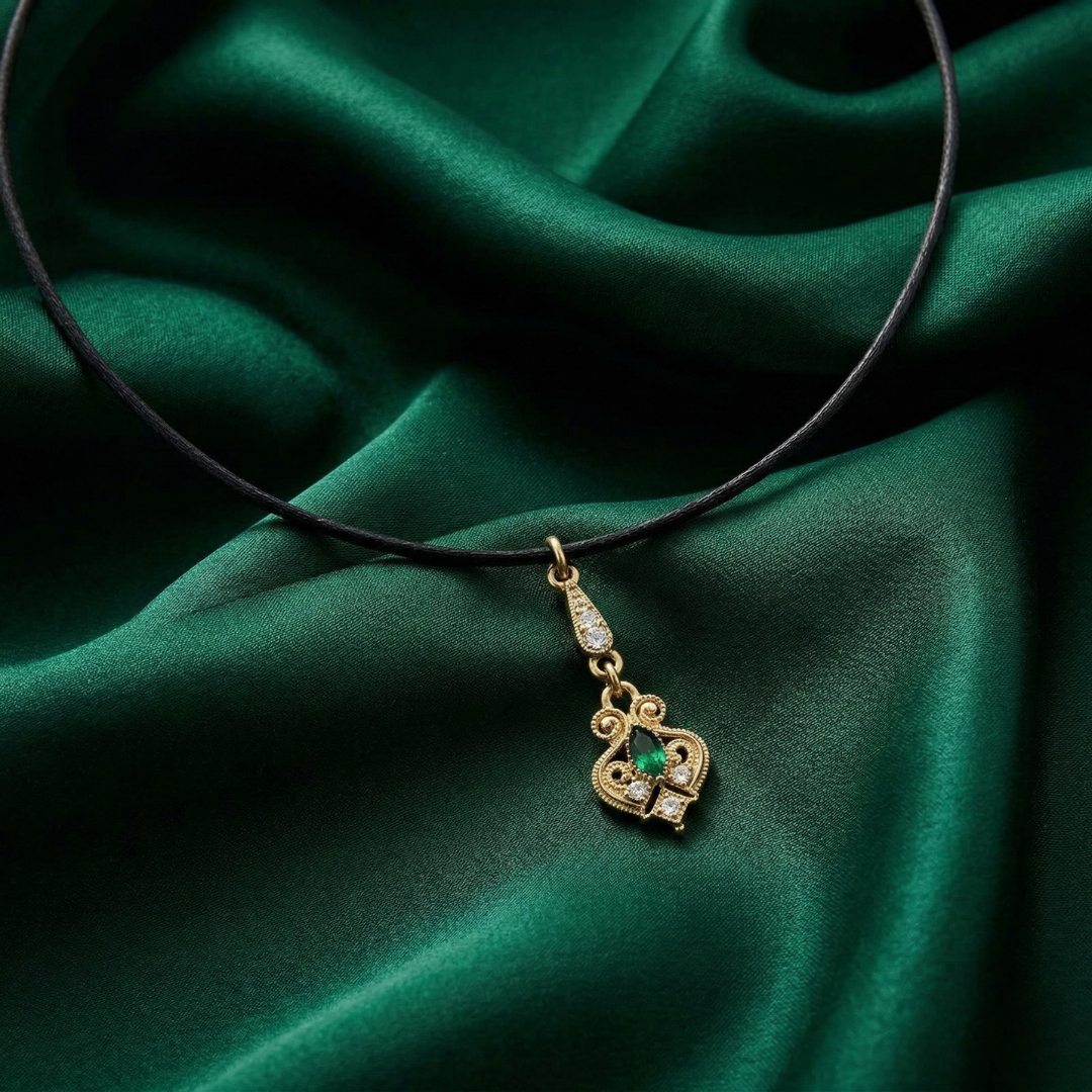 Necklace with a gold pendant on a green fabric background