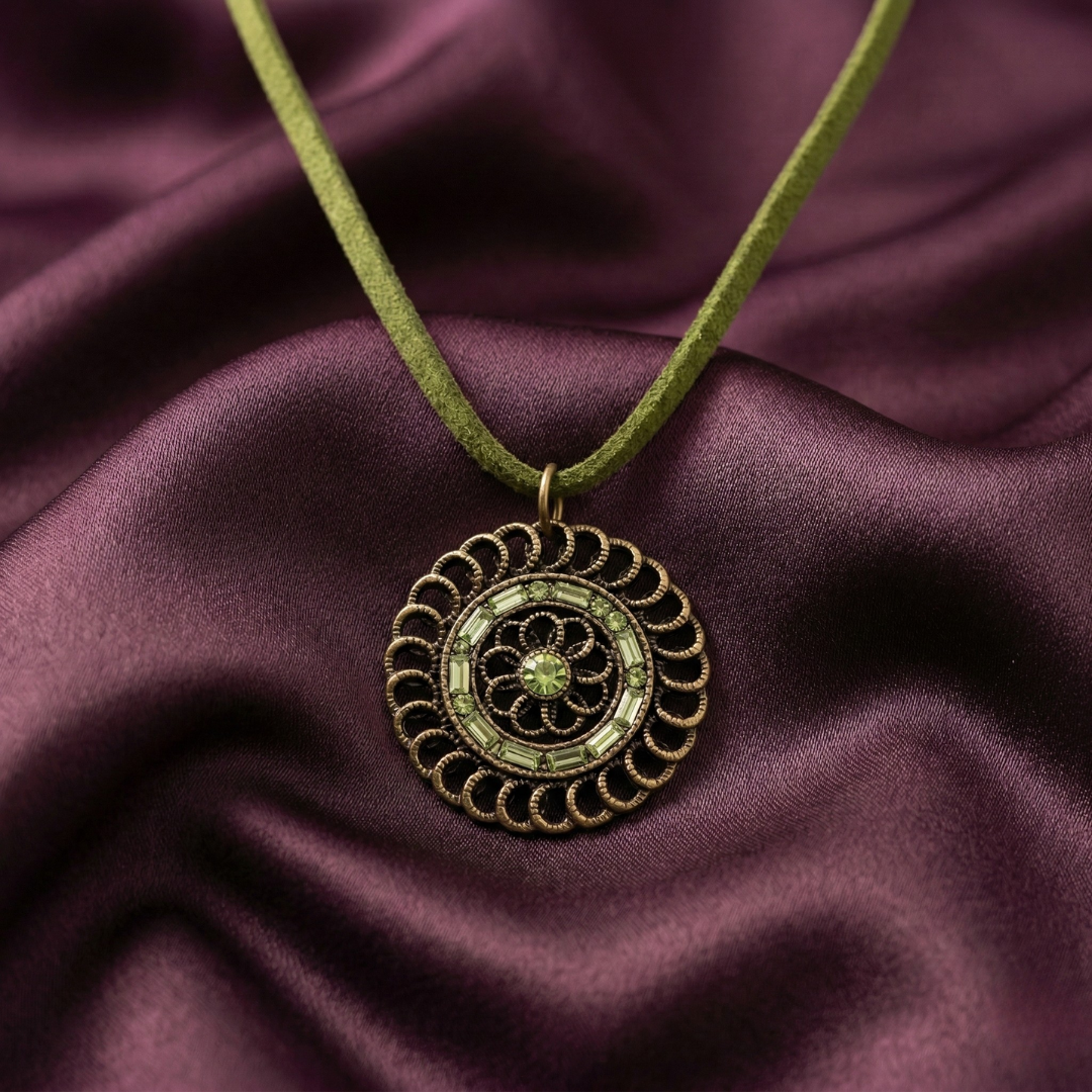 Decorative green necklace with a circular floral pendant on a purple fabric background