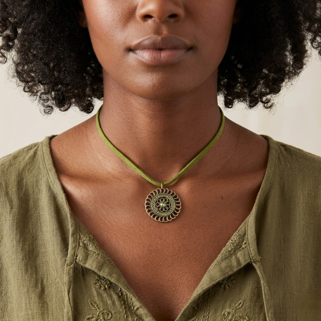 Woman wearing a green necklace with a pendant against a neutral background