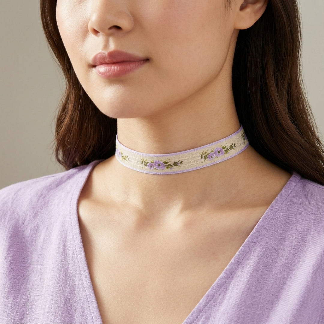 Woman wearing a delicate floral choker necklace against a neutral background