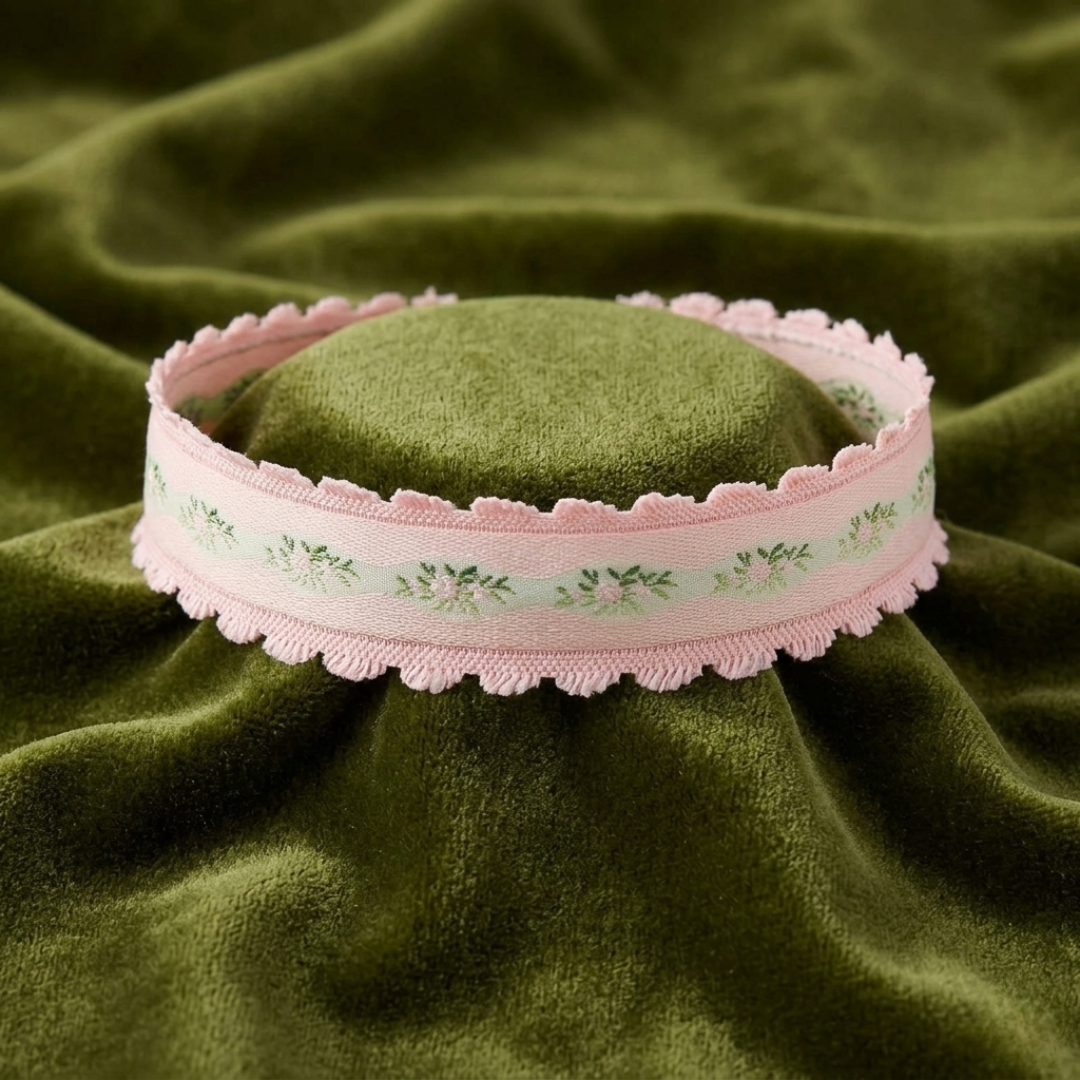 Pink Trim And Light Rose Floral Choker Necklace 12" + 5" Extender on green satin fabric 