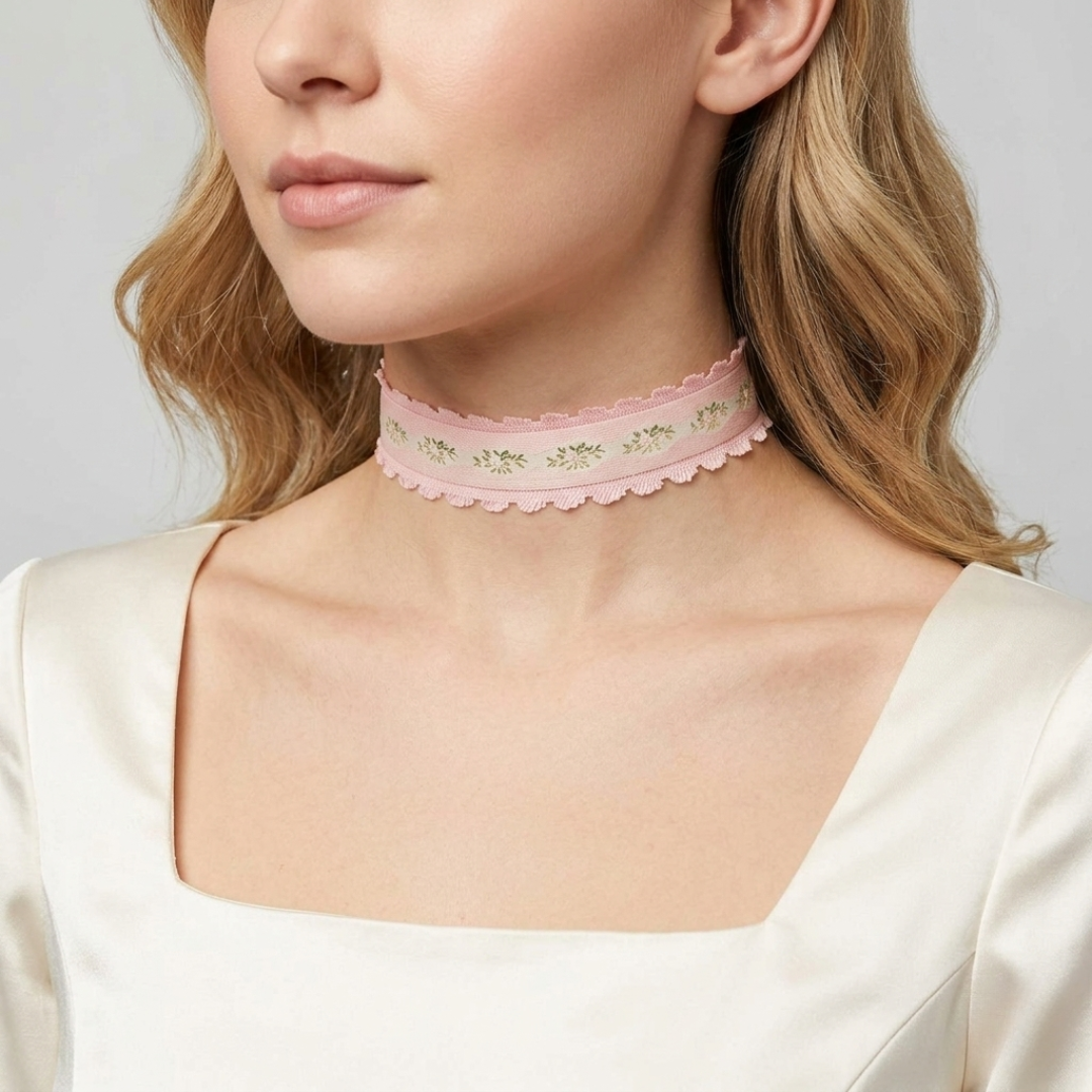 Woman wearing a delicate pink lace choker necklace against a neutral background