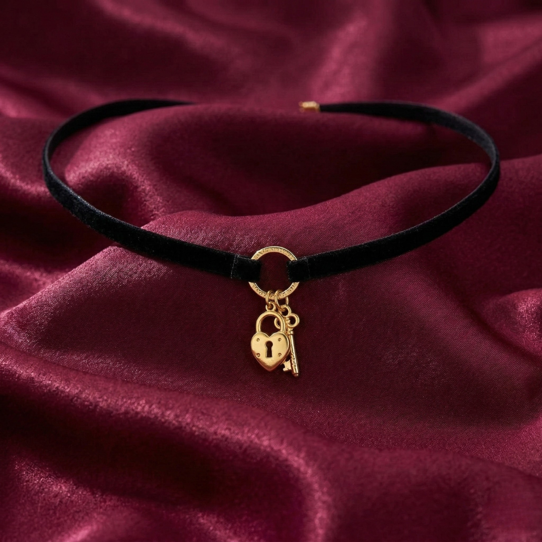 Black choker necklace with gold heart lock and key charm on a burgundy fabric background