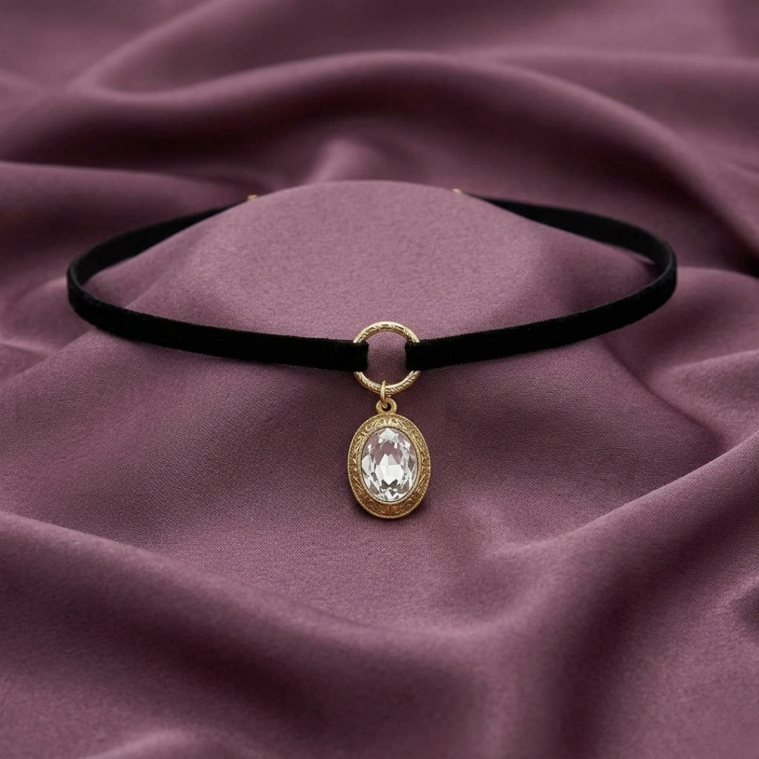 Black choker necklace with a gold and crystal pendant on a purple fabric background