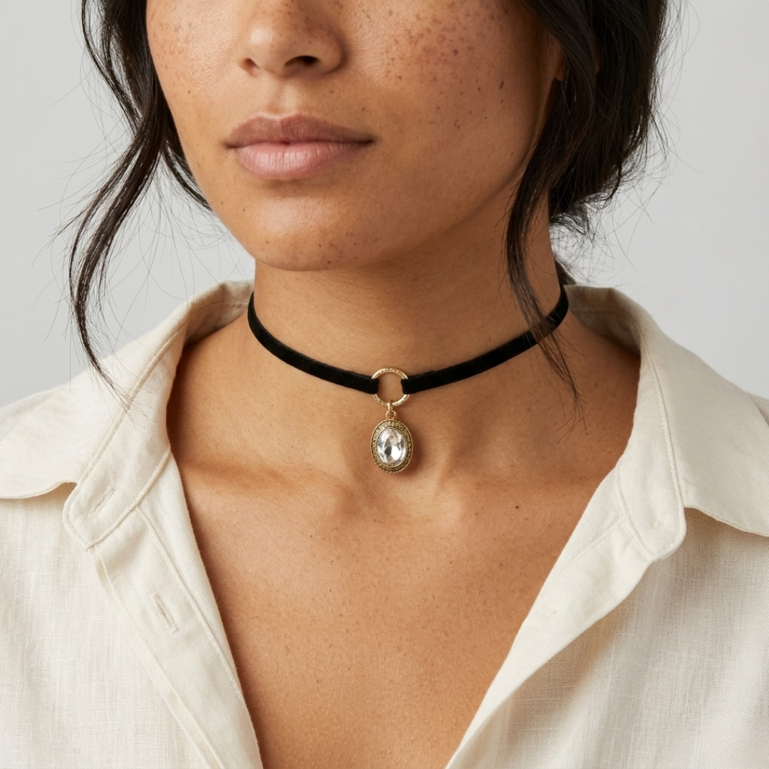 Woman wearing a black choker crystal necklace with a pendant on a neutral background