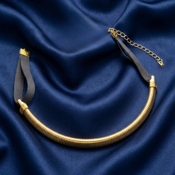 Cobra Chain Choker With Black Satin Ribbon Necklace 12