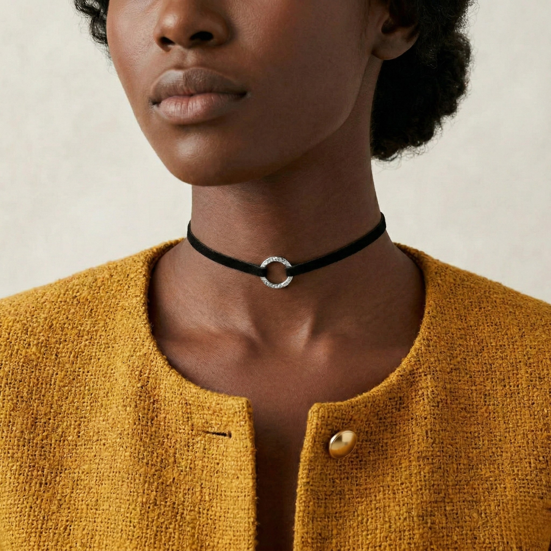 Person wearing a black choker with a silver clasp, wearing a mustard yellow textured jacket.