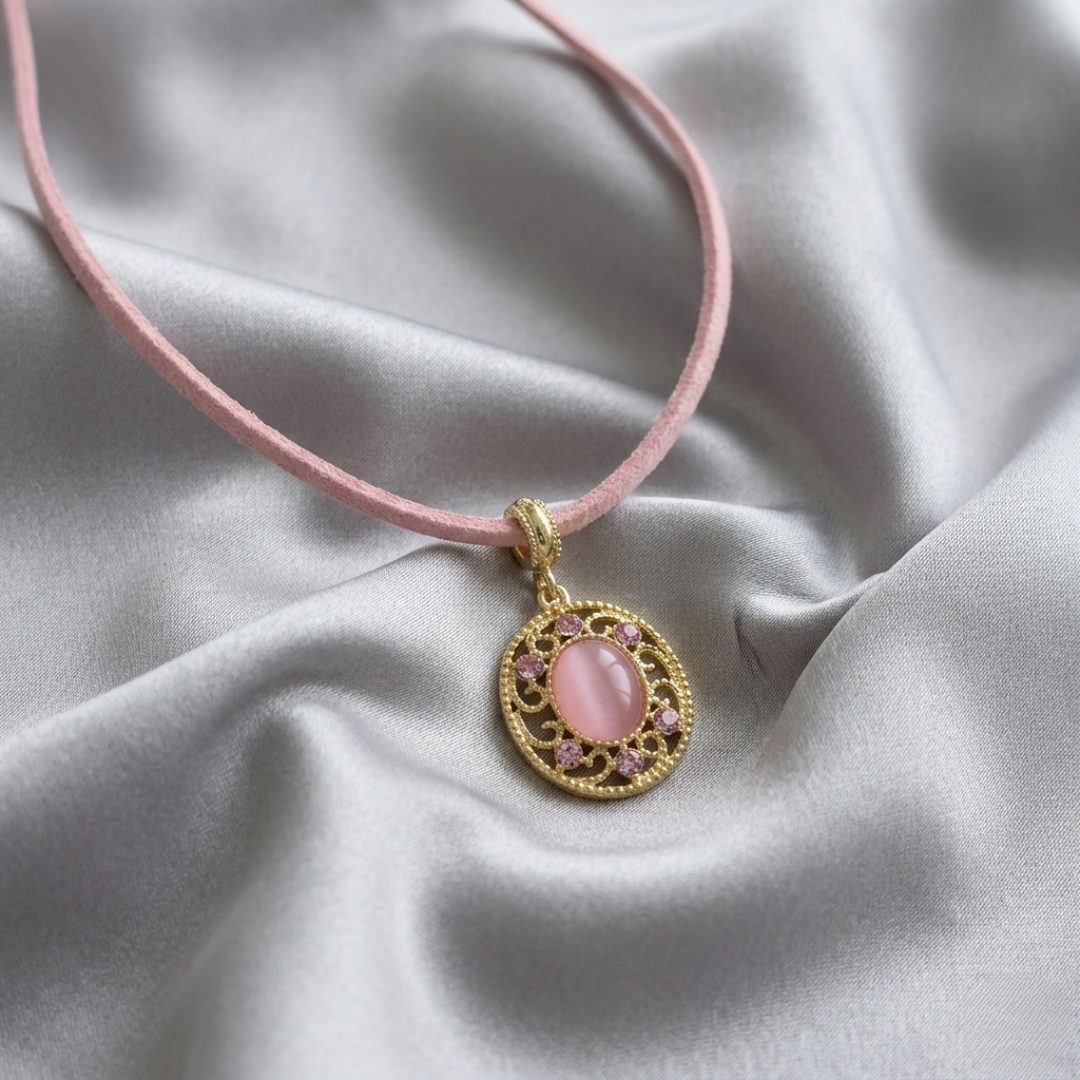 Necklace with a pink gemstone pendant on a soft fabric background