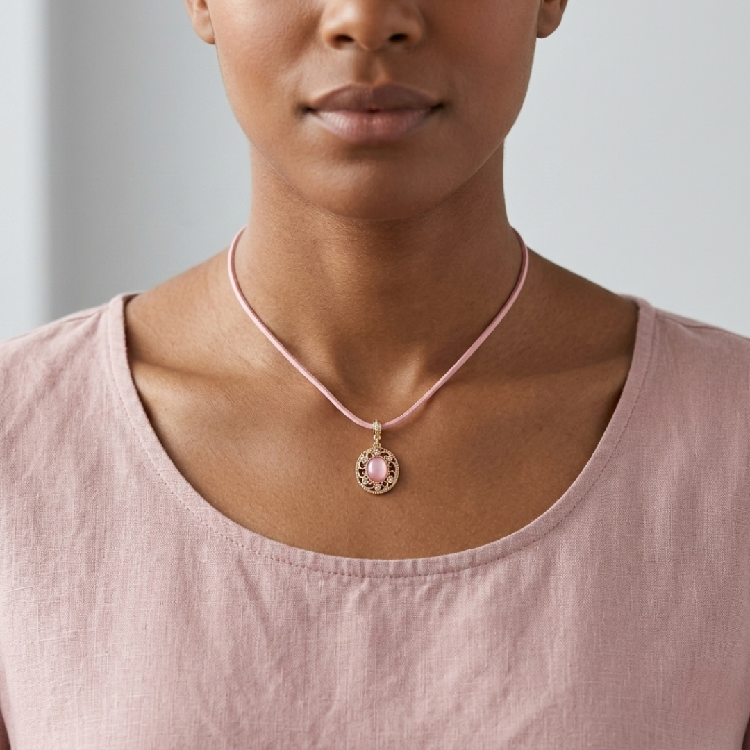 Person wearing a pink gemstone necklace with a pendant against a neutral background