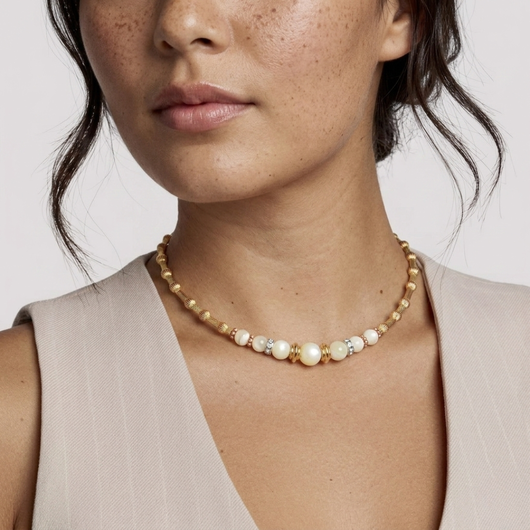Close-up of a woman wearing a faux pearl necklace against a neutral background