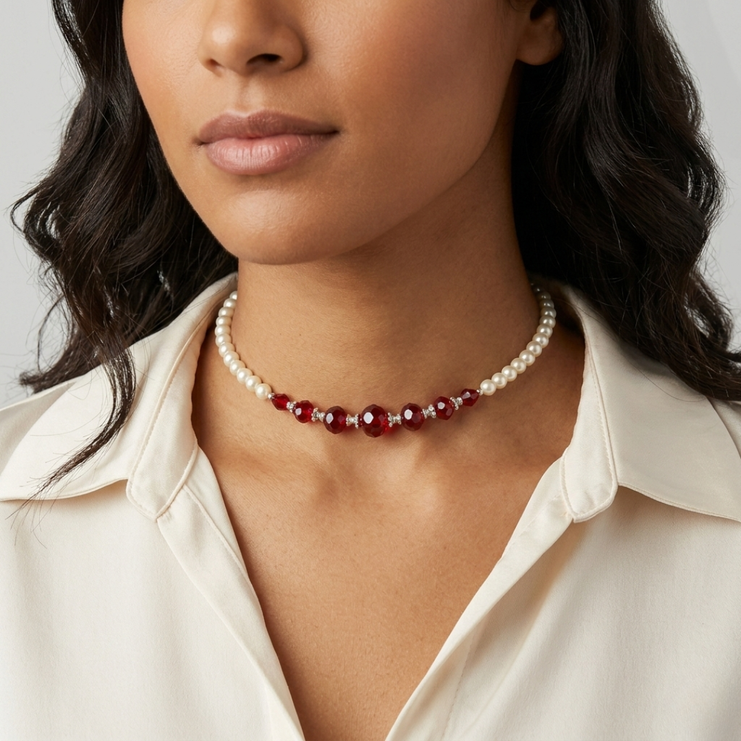 Woman wearing a faux pearl and red bead necklace against a neutral background