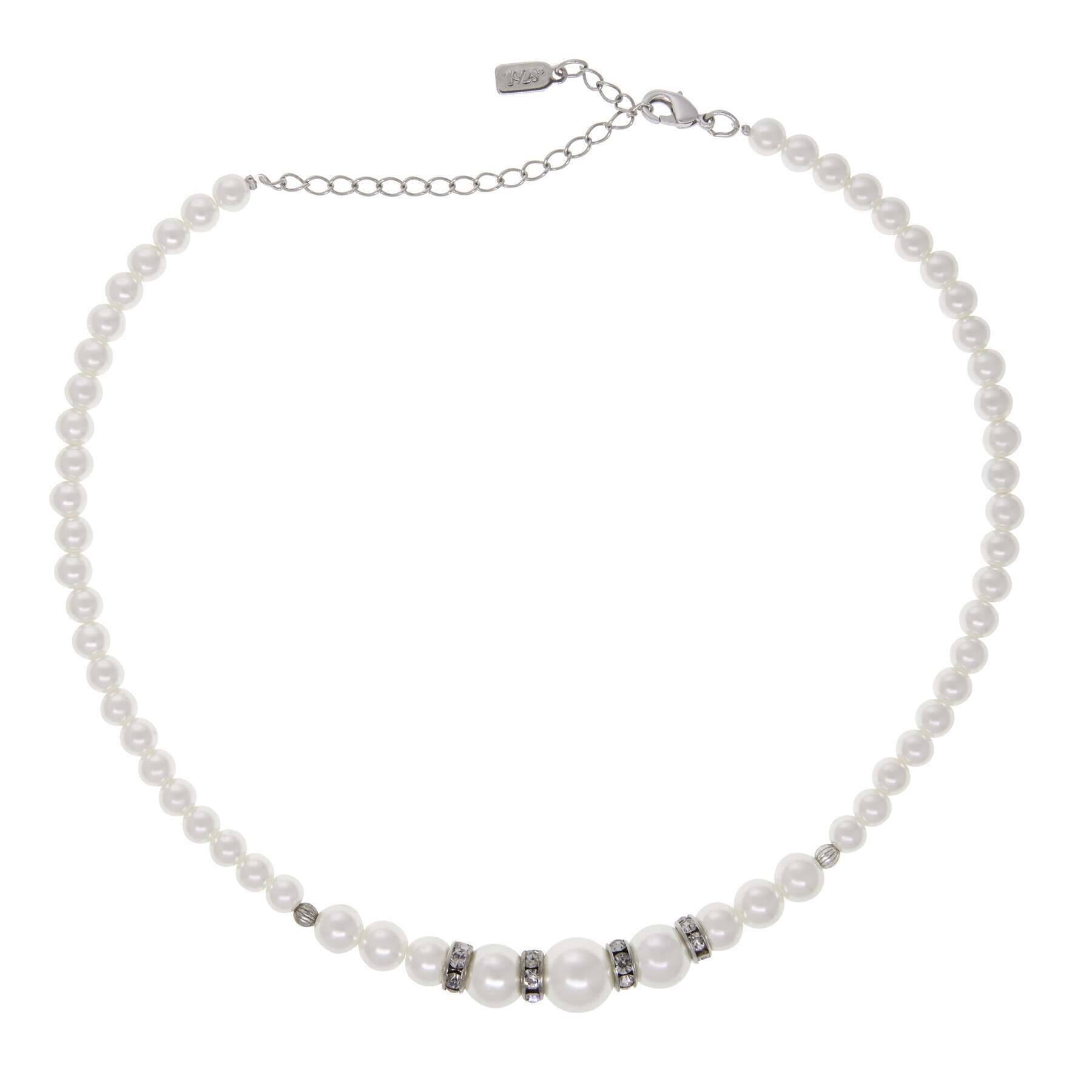 1928 Jewelry Graduated Faux Pearl Strand & Crystal Necklace 15" + 3" Extension