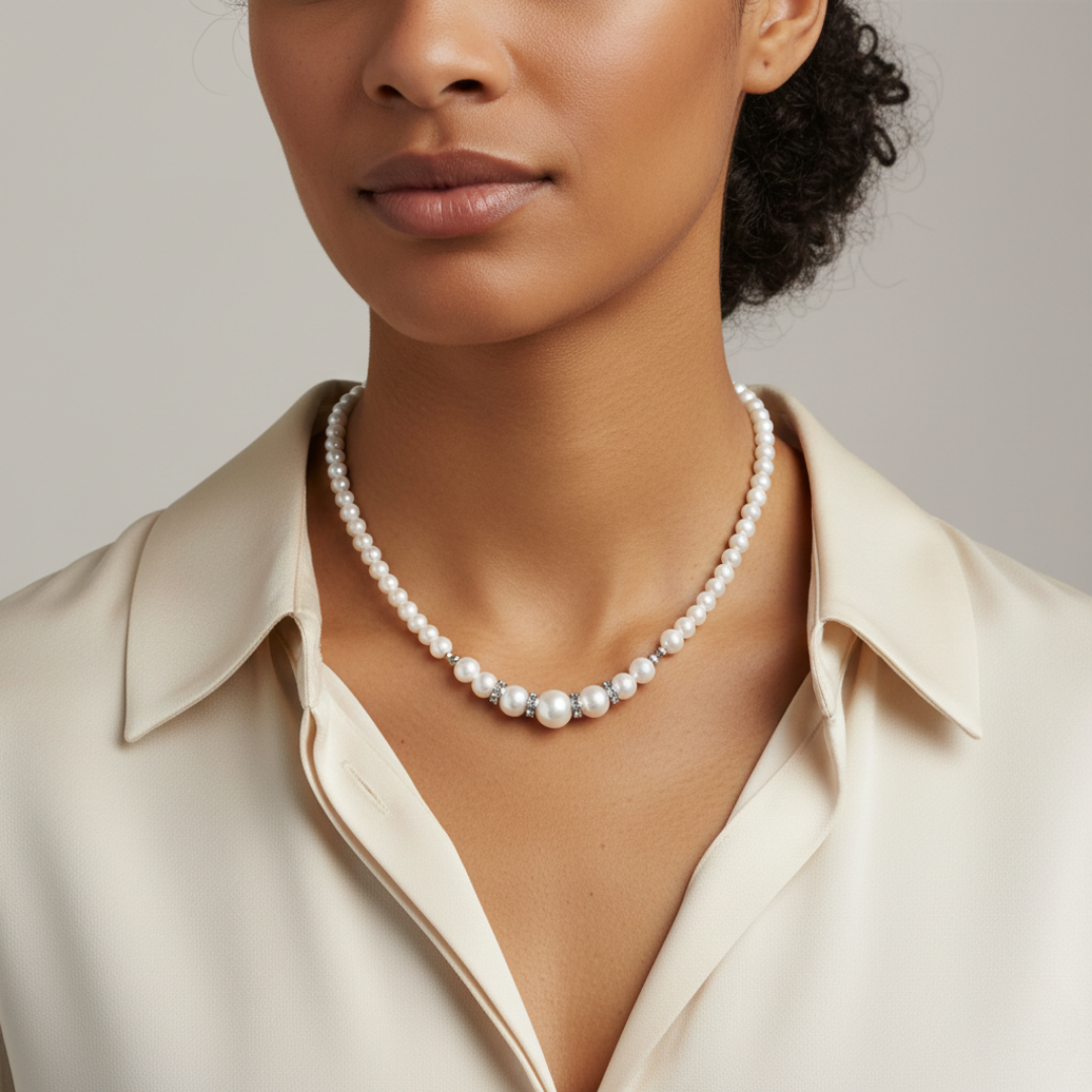 Woman wearing a faux pearl necklace with a neutral background