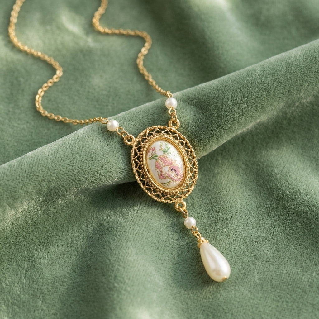 Oval Flower Decal Faux Pearl Teardrop Pendant Necklace on green fabric