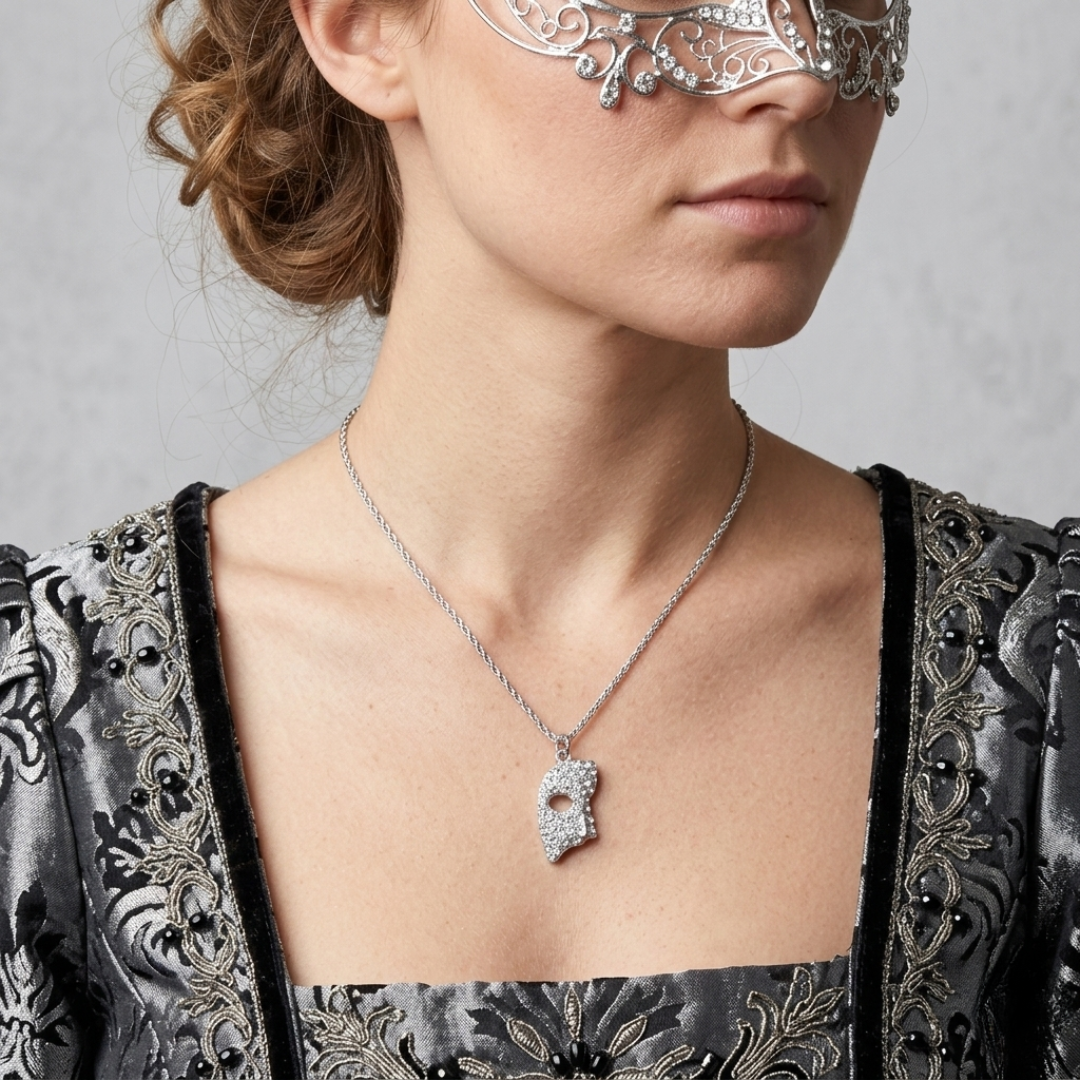 Woman wearing a silver necklace with a masquerade mask pendant lined with crystals, dressed in ornate clothing.