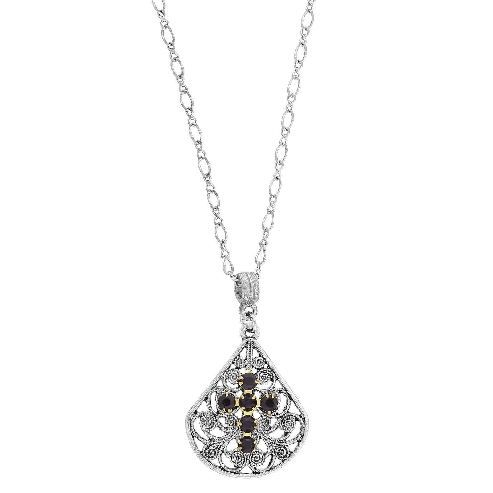 1928 Jewelry Crystal Cross Fan Filigree Teardrop Pendant Necklace 16" + 3" Extender