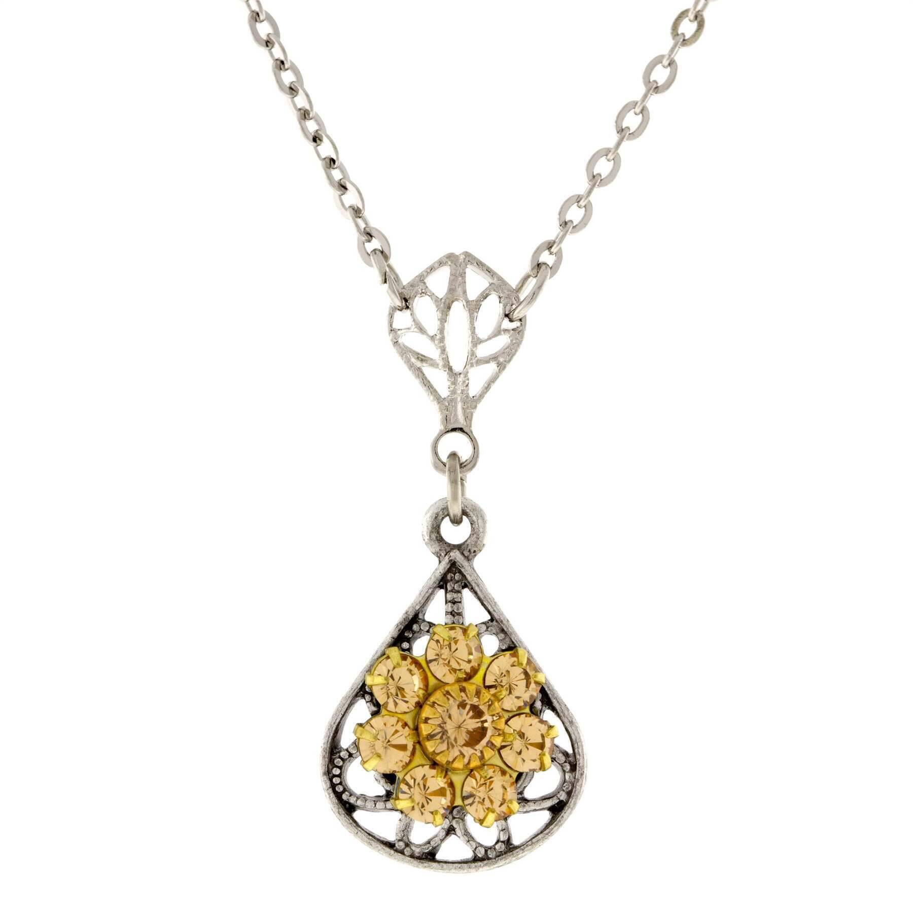 1928 Jewelry Flower Crystal Cluster Teardrop Pendant Necklace 16" + 3" Extender