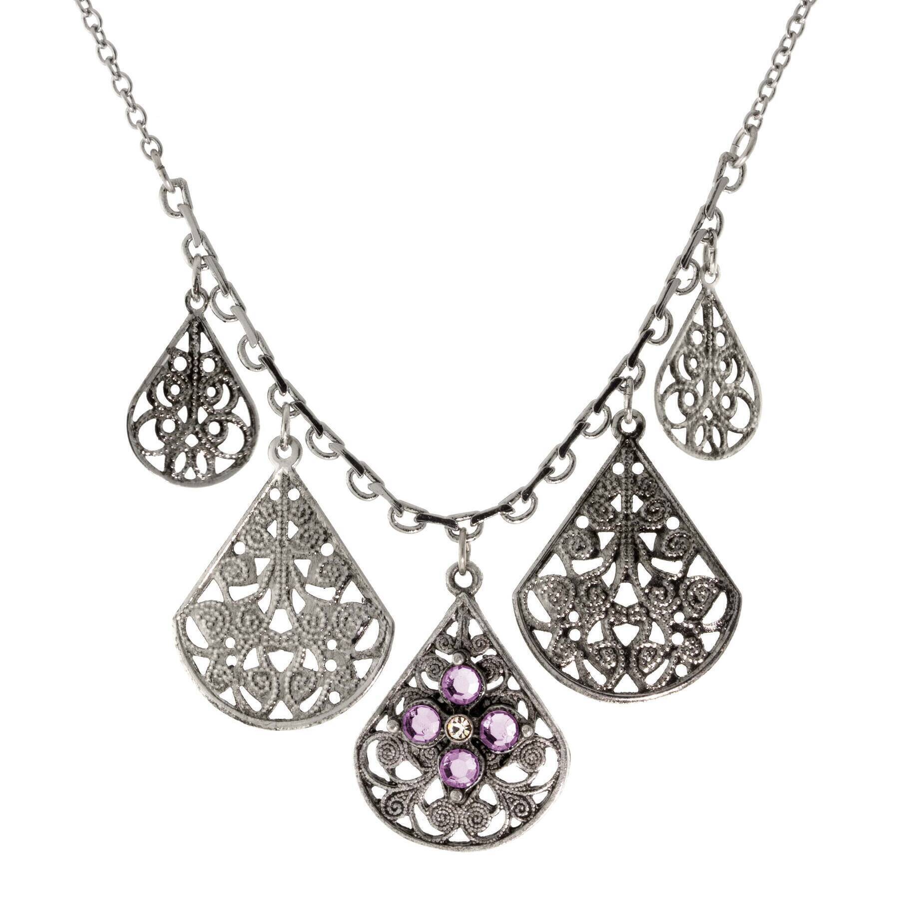 1928 Jewelry Pewter Round Crystal Flower Multi Teardrop Necklace 16" + 3" Extender