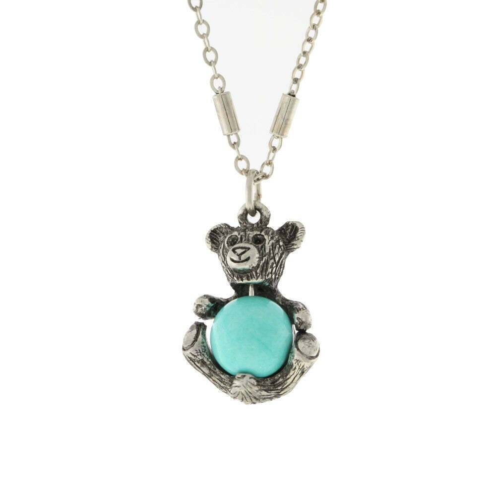 1928 Jewelry Pewter Round Gemstone Teddy Bear Pendant Necklace 16" + 3" Extender