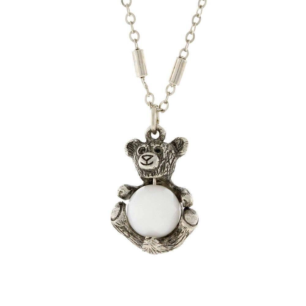 1928 Jewelry Pewter Round Gemstone Teddy Bear Pendant Necklace 16" + 3" Extender