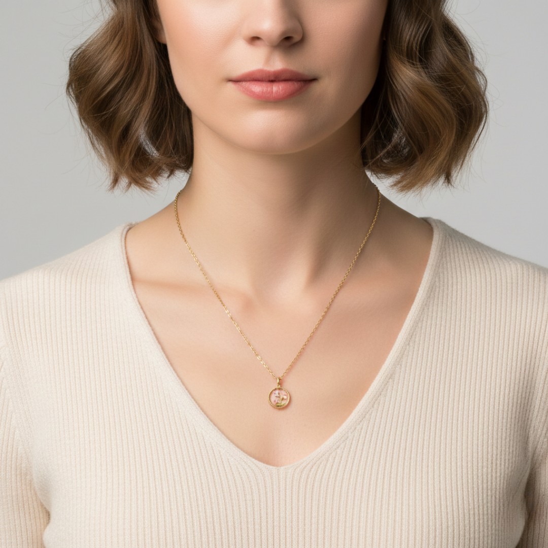 Woman wearing a gold necklace with a small floral pendant on a neutral background