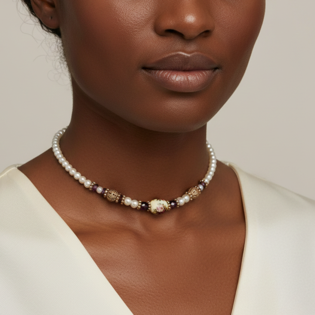 Faux pearl floral necklace with gold accents worn by a model against a neutral background.