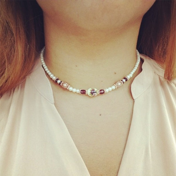 1928 Jewelry Manor House 4mm Faux Pearl Strand Amethyst Crystal Filigree Puff Ball Necklace 15" + 3" Extender