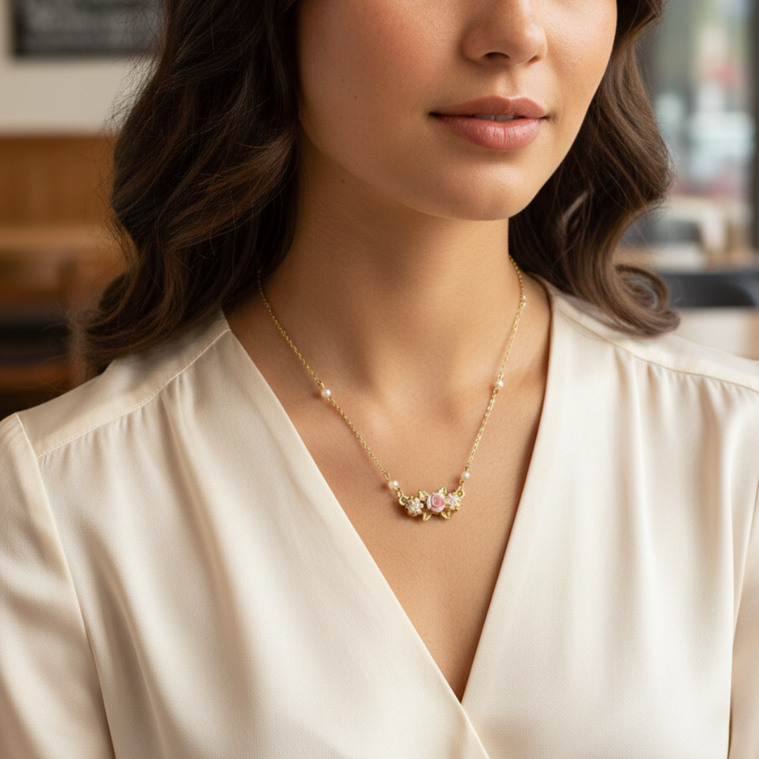 Woman wearing a delicate gold porcelain rose necklace with a blurred indoor background.