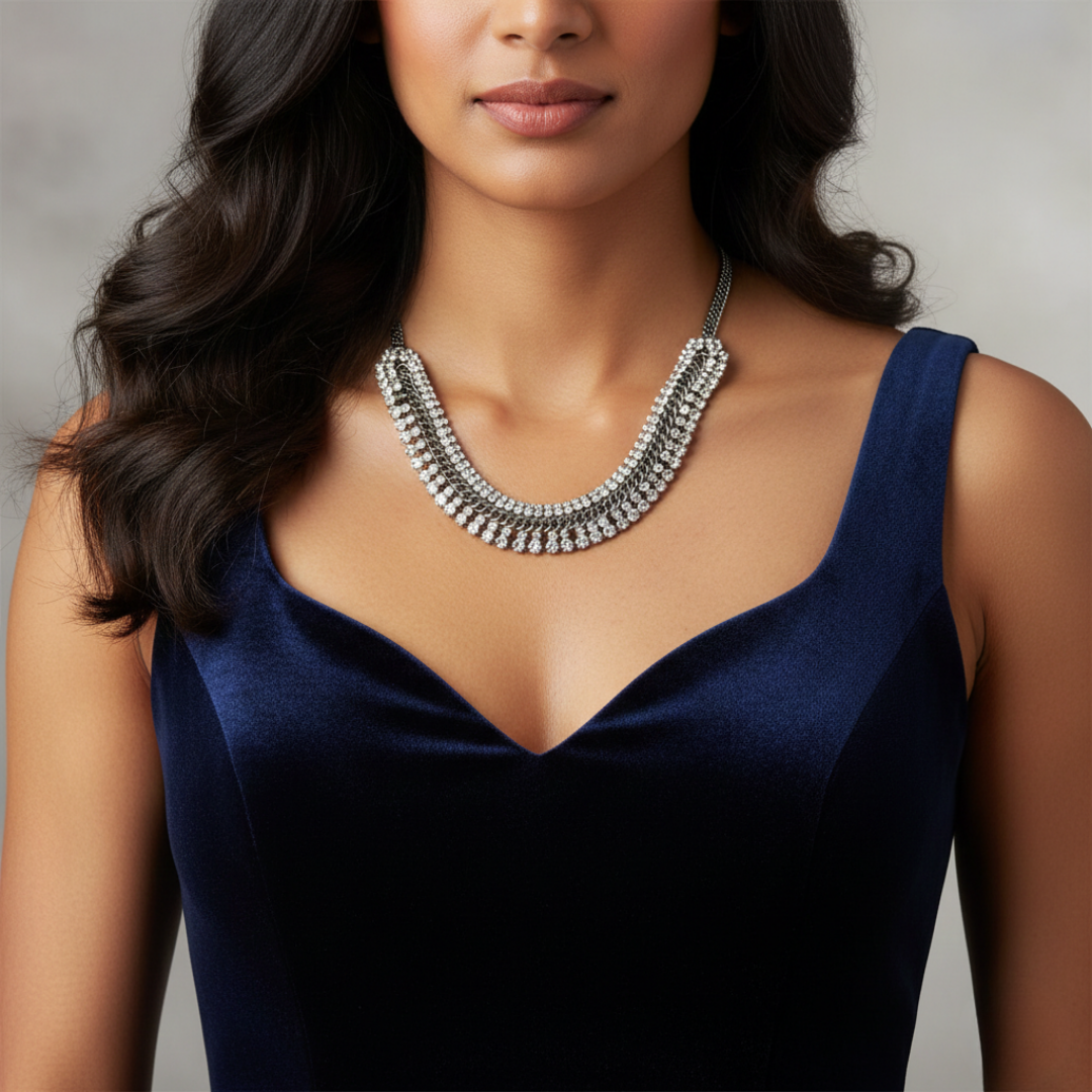 Woman wearing a blue dress and a silver necklace against a neutral background