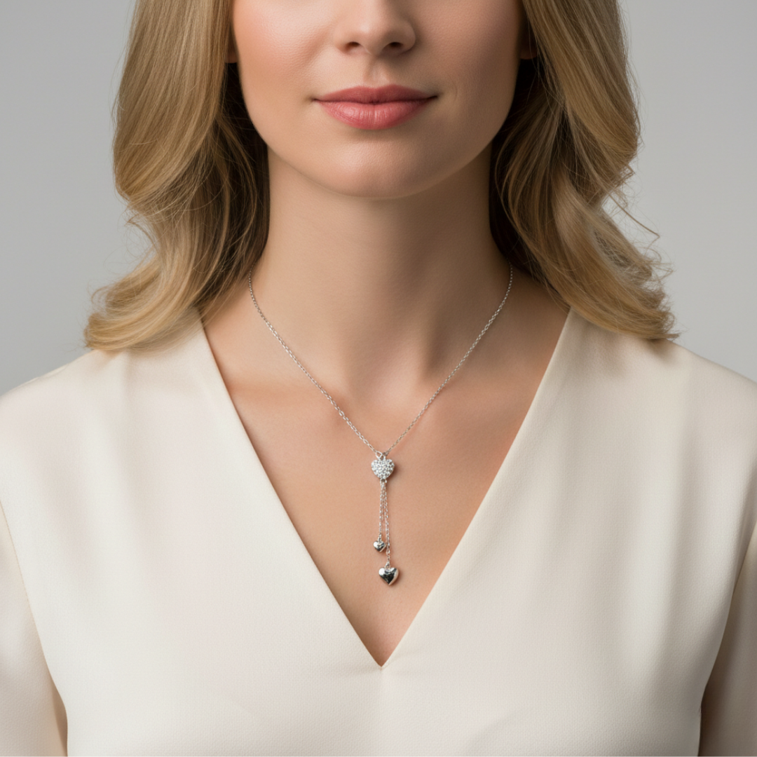 Woman wearing a delicate necklace with a neutral background
